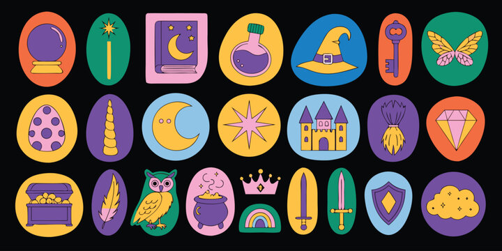 Fantasy and magic themed sticker collection with wizardry symbols