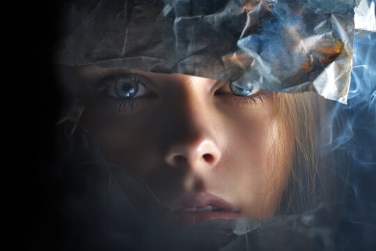 Dramatic close-up portrait of a young woman partially obscured by metallic material and mist