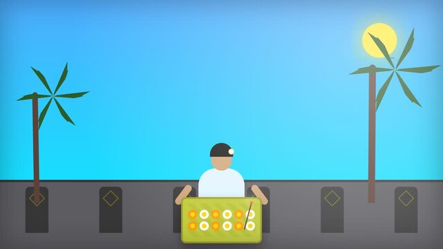 Minimalist vector illustration of a food vendor selling eggs on a sunny street with palm trees and a vibrant blue sky background