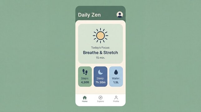 Minimalist Mobile App Interface For Daily Wellness And Mindful Breathing Practice On Sage Background