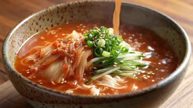 Steaming Bowl Of Flavorful Chili Noodles. Vivid Red Spicy Broth Garnished With Scallions And Sesame Seeds. Steaming Bowl Of Hot Chili Kimchi Noodles With Vibrant Red Broth And Fresh Garnishes.