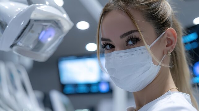 Portrait of a young woman in medical attire and face mask within a modern clinic environment