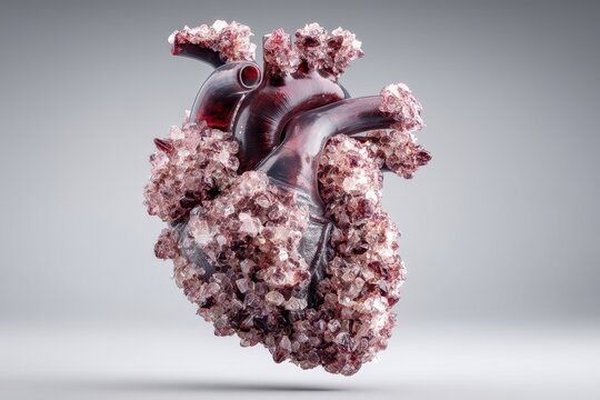 Anatomical heart model covered in pink and red crystals