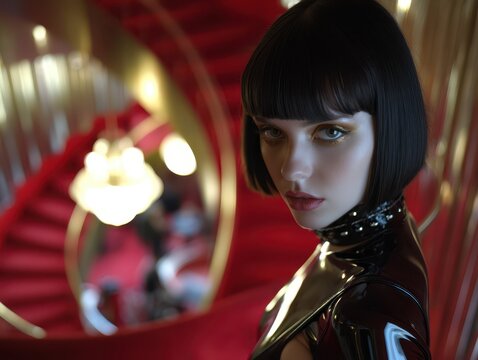 Dramatic portrait of a model wearing metallic red attire against a backdrop of a grand spiral stairc