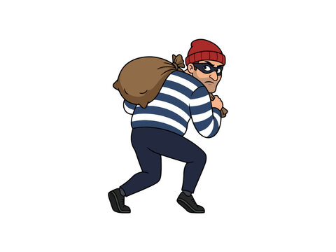 Burglar carrying stolen loot bag on white background