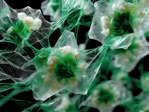 Delicate macro shot of blooming green flowers and white buds draped with intricate spider silk on bl