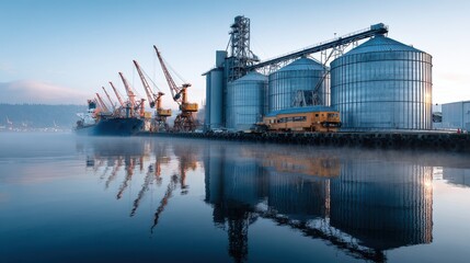 Naklejka premium Large industrial complex featuring grain silos and loading cranes reflected in calm water