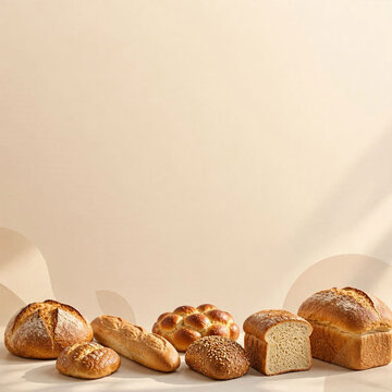 Assorted Fresh Artisan Bread Collection on Beige Background with Copy Space