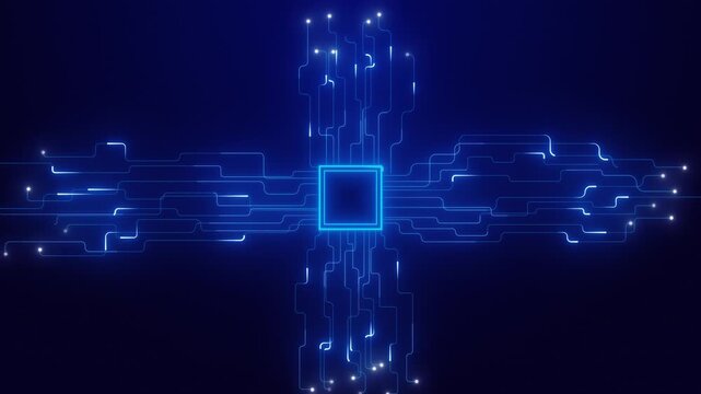 Processor circuit board visual with blue chip core, connected paths, white node lights, and minimal digital depth. Perfect for electronics videos, software titles, system graphics, and overlays.