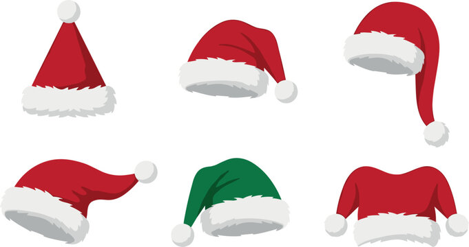 Christmas Santa Claus Hat Flat Vector Illustration Set Featuring Traditional Red, Festive Green, and Unique Costume Cap Symbols for Holiday Party Promotional Designs