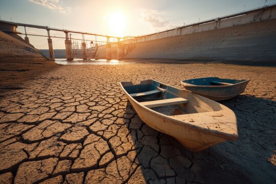 Two small wooden rowboats resting on severely cracked earth in front of a large concrete dam at suns