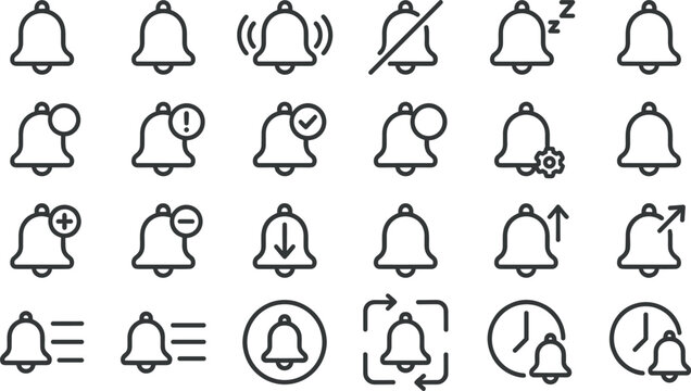 Notification Bell User Interface Line Icon Set with Alert, Mute, Alarm Reminder, Clock Timer, and Message Update Symbols for Mobile Apps and Digital Layout Designs