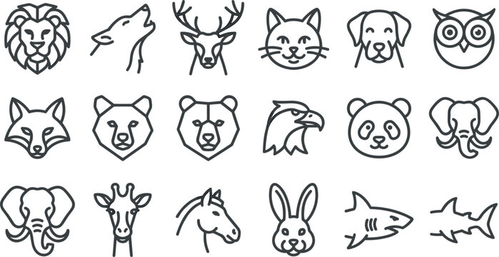 Wild Animal and Pet Avatar Head Line Icon Set with Lion, Wolf, Deer, Bear, Panda, Eagle, and Shark Geometric Outline Symbols for Nature Logo Branding Designs