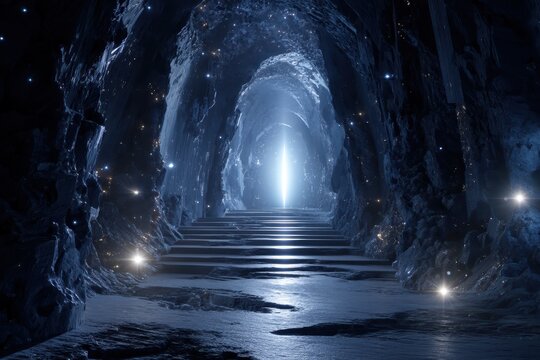 Mysterious cavern tunnel with descending steps leading to an ethereal light source