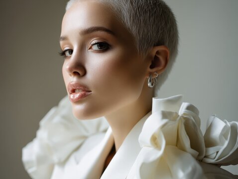 Studio portrait of a young woman with short blonde hair wearing white ruffled attire
