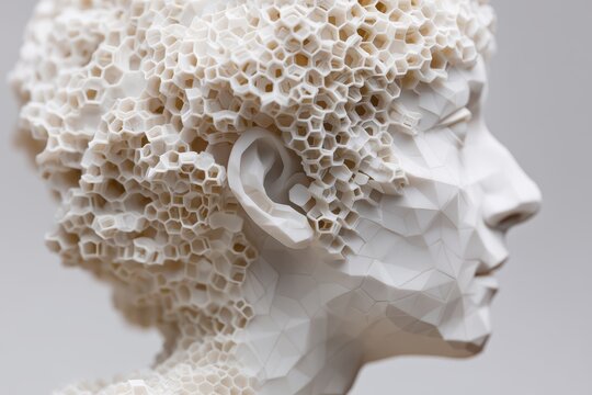 Conceptual profile portrait featuring intricate hexagonal honeycomb hair structure