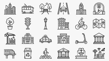 Elegant Black and White Line Icons Set Featuring Urban Life Transportation Architecture and City Services © Haroh