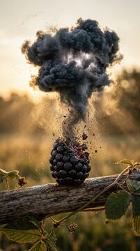 Blackberry exploding in smoke on a wooden fence