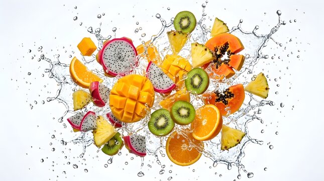 Fresh Tropical Fruit Splash Collection Isolated On White Background