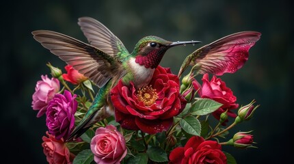Obraz premium Hummingbird hovering over colorful roses