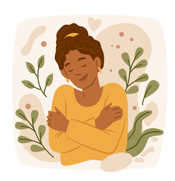 Emotional regulation techniques self hug mindfulness calm woman surrounded by abstract plants warm colors peaceful mood wellness concept