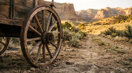 Fototapeta premium Rustic wooden wagon wheel on dirt path with desert canyon landscape background at sunset.