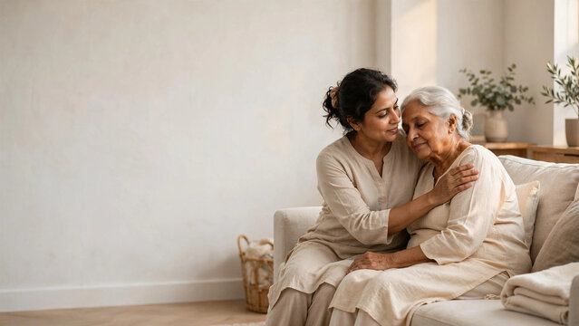 Daughter comforting mother in palliative home care, Palliative care daughter comforting mother at home