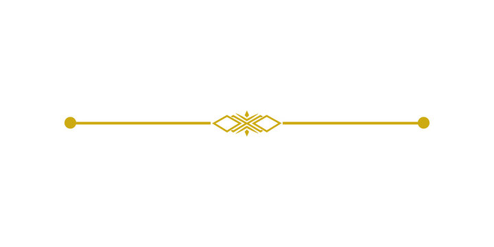 Elegant golden decorative line divider with ornate geometric design and end dots, isolated on transparent background