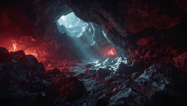 Dramatic light rays shining into a dark mysterious cavern interior.