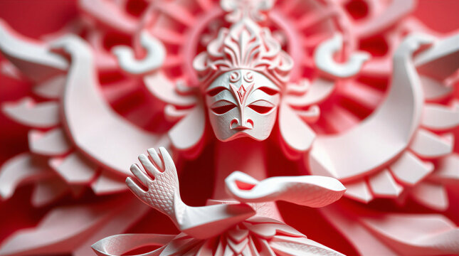 Hindu Goddess Durga Illustration on Lotus with Decorative Floral Elements Isolated on White Background