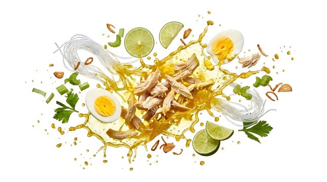 Floating Chicken Rice Noodle Soup Ingredients With Lime And Egg