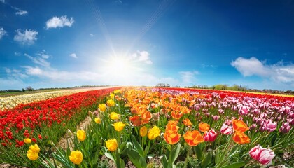 Obraz premium Vibrant Tulip Field Under Bright Blue Sky In Spring Sunshine