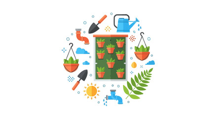 Fototapeta premium Sustainable Urban Vertical Gardening and DIY Farming Concept Illustration with Potted Plants and Gardening Tools