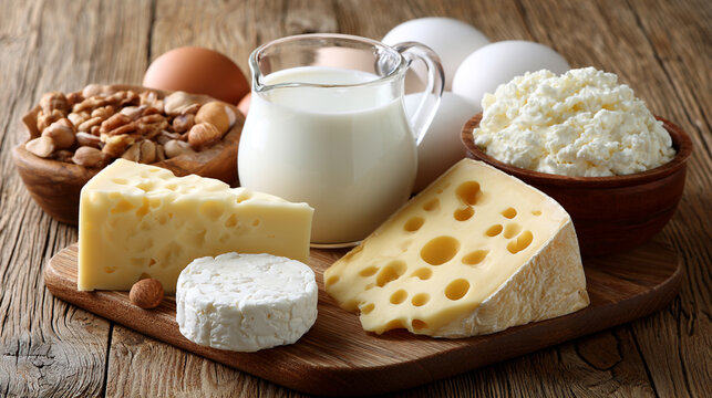 An assortment of dairy products including fresh milk, various cheeses, eggs, and nuts arranged on a rustic wooden table, showcasing a healthy and nutritious meal option.