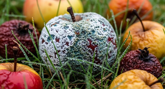 Close up of a decaying apple covered in mold sitting on grass with decomposition