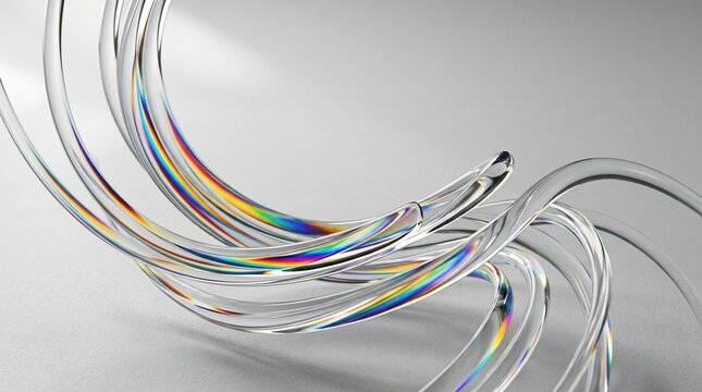 Abstract flowing transparent tube with iridescent rainbow light refraction