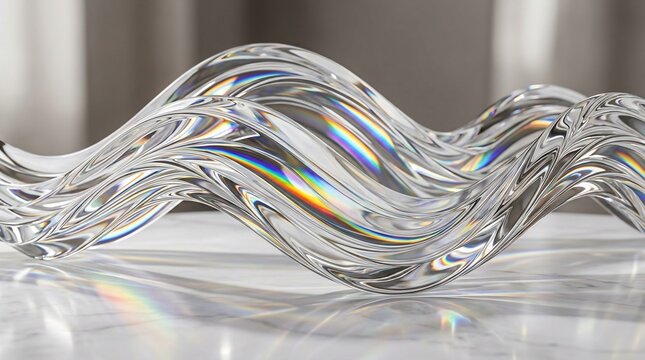 Abstract flowing clear glass wave with prismatic light refraction effect