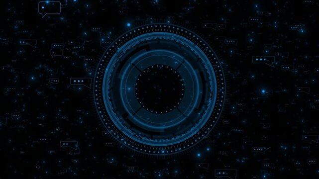 Communication message circle visual with blue HUD rings, floating comment icons, particle depth, and dark digital space. Perfect for social media videos, chatbot titles, forum screens, and overlays.