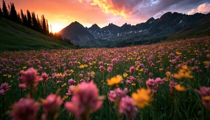 Fototapeta premium Sunlit meadow of wildflowers with jagged mountains at sunset