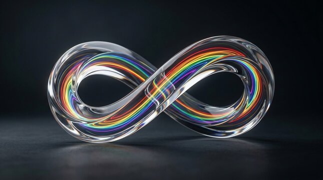 Abstract infinity symbol with rainbow colors flowing through clear material