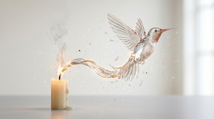 Obraz premium Glass hummingbird emerging from candle smoke