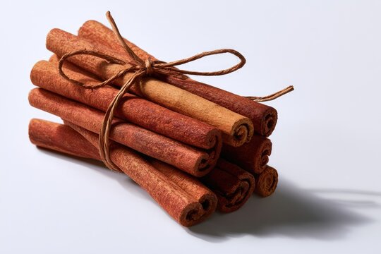 Rustic bundle of cinnamon sticks tied with twine on a white surface