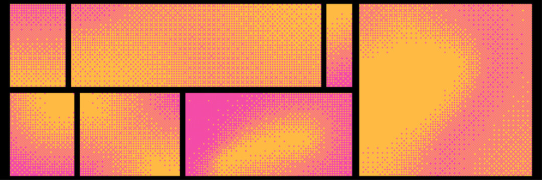 Yellow and pink pixelated bitmap texture background set. Retro pixel art, glitch dither pattern, 8 bit background. Fade pixel gradient for pixel game, halftone geometric texture. Vector illustration