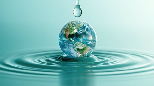 Earth submerged in water, with a single drop falling from above