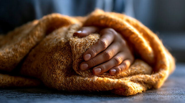 A person wrapping themselves in a soft textured orange blanket for comfort