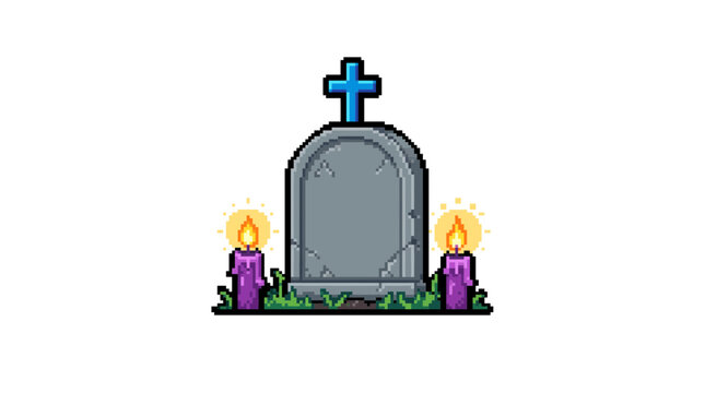 Pixel art stone tombstone with a blue cross and two lit purple candles on grass isolated on white, symbolizing spooky cemetery decor, illustrating retro game assets or Halloween graphics