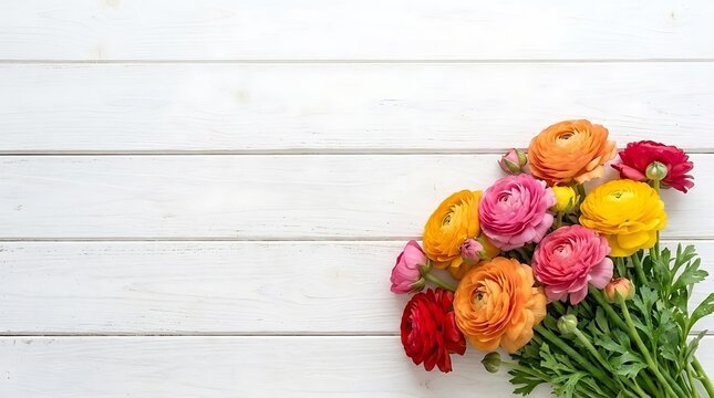 Colorful ranunculus bouquet on white wooden background with copy space, beautiful spring ranunculus for greeting card design, fresh blooming ranunculus flat lay top view.
