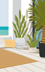 Obraz premium Mediterranean coastal aesthetic interior modern plants sunlit terrace sea view striped rug relaxing decor summer home