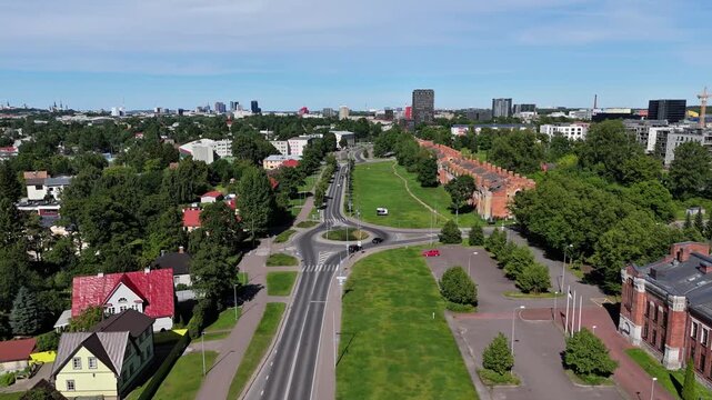 Drone View of Tondi Roundabout and City Skyline in Tallinn Estonia