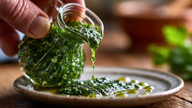 Pouring fresh green herb sauce from a small glass pitcher onto a plate with culinary